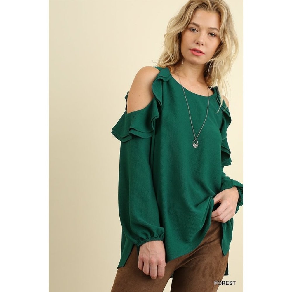 Umgee Ruffle Open Shoulder Blouse, Forest - Picture 2 of 4